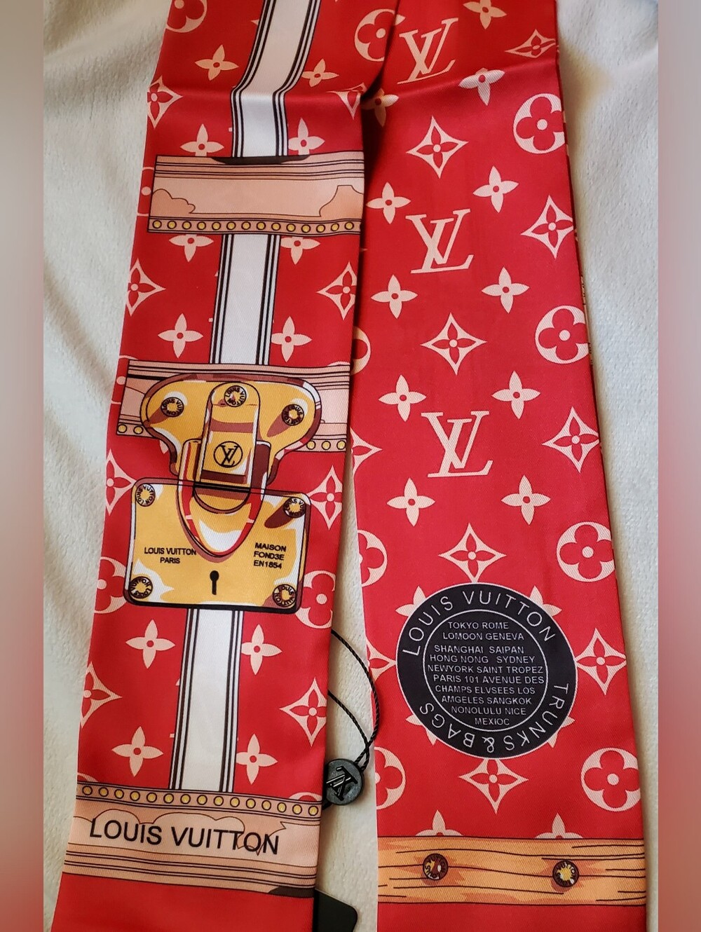 100% Silk Bag Twilly, Red and Gold  Scarf, Bagtie